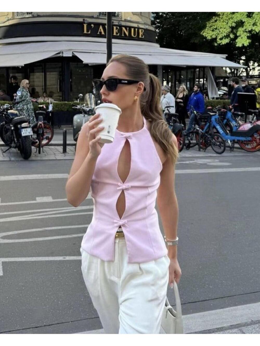 Zara Women’s Medium Pastel Pink Dainty Bow Cutout Halter Backless Top 90s